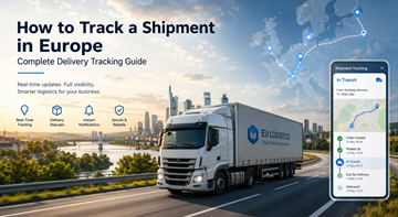European logistics shipment tracking dashboard showing trucks routes GPS tracking and delivery statuses across Europe
