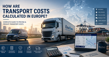 European transport pricing calculation with logistics trucks freight costs fuel tolls and delivery planning