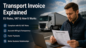 Logistics professional reviewing transport invoice with truck delivery in background representing freight billing and VAT compliance in Europe